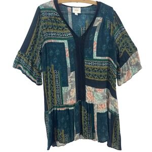 Maeve Anthropologie Patchwork Tunic Dress Women L Teal Boho Crochet Whimsigoth